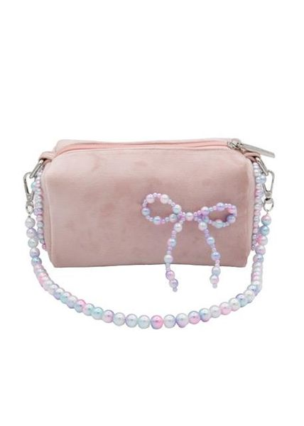 Velvet Pearl Bow Handbag in Pink