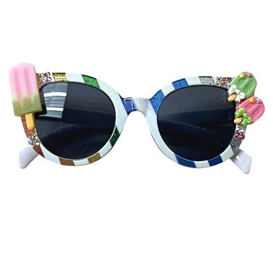 Striped Sunglasses With Stones and Charms in White
