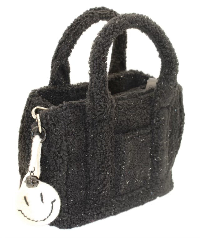 Black Sherpa Tote and Crossbody Bag With White Crochet Smile Charm