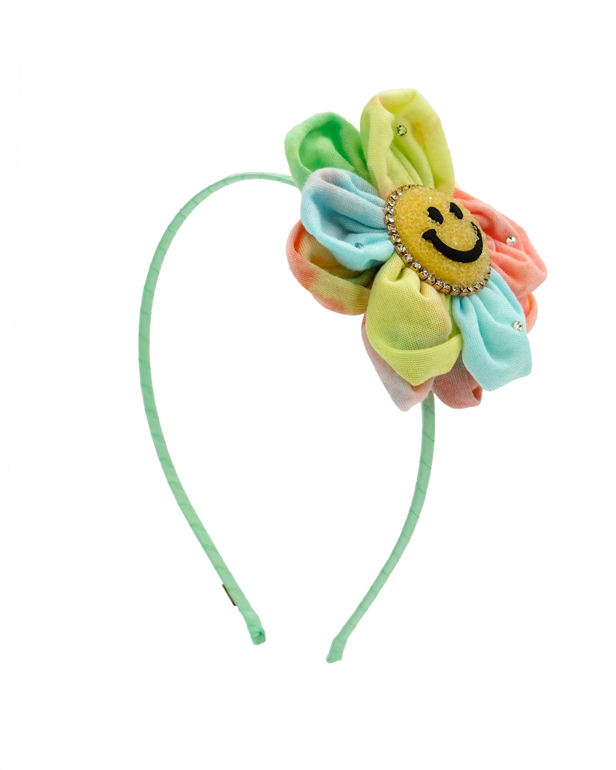 Tie Dye Glitter Smiley Face Flower Headband in Pastel