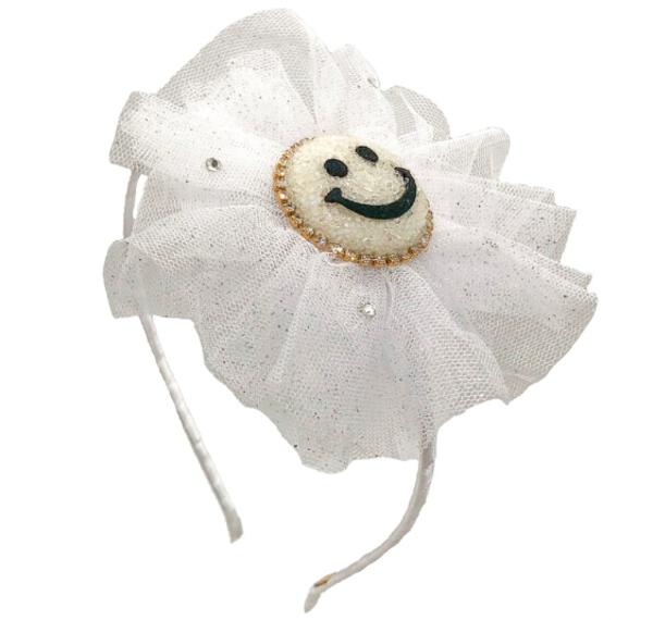 Glitter Smiley Face Tulle Flower Headband in White
