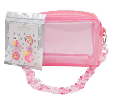 Clear Pink Bag With Chunky Link Handle and Charm Pack