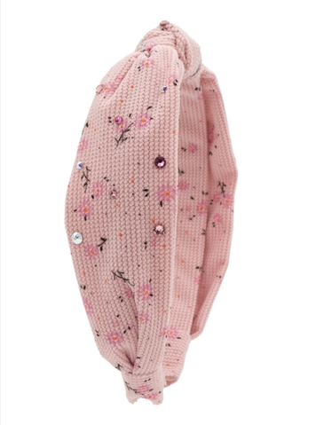 Crystallized Cotton Rib Floral Knot Headband in Pink