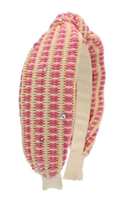 Crystallized Raffia Knot Headband in Pink