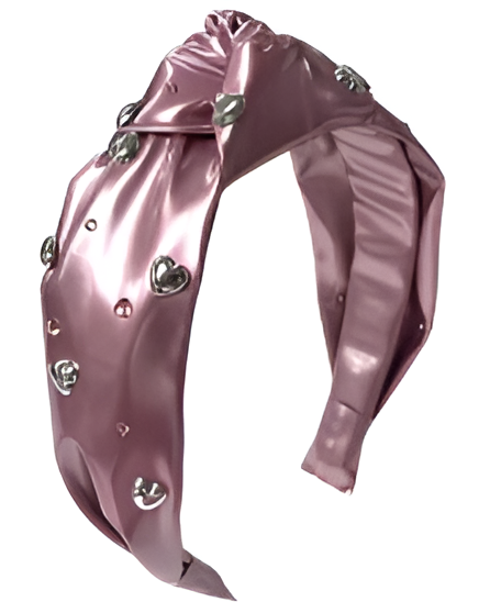 Rhinestones & Hearts Patent Leather Knot Headband in Metallic Pink