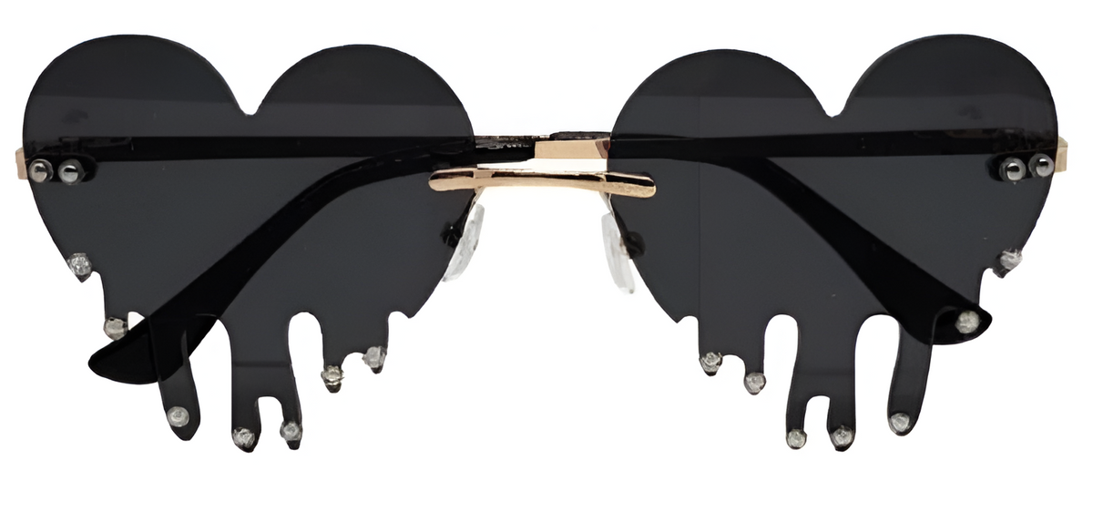 Black Drippy Heart Sunglasses With Stones in Black