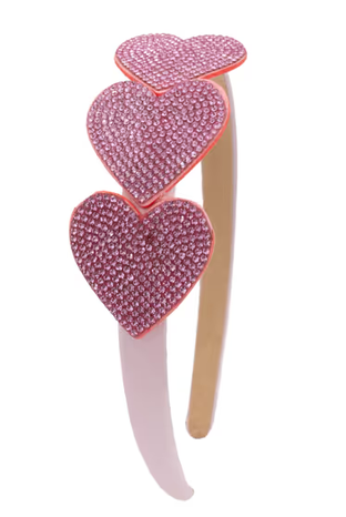3 Small Pink Crystallized Hearts on Thin Satin Pink Headband
