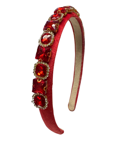 Full Multi Shape Jewel Thin Velvet Headband in Red