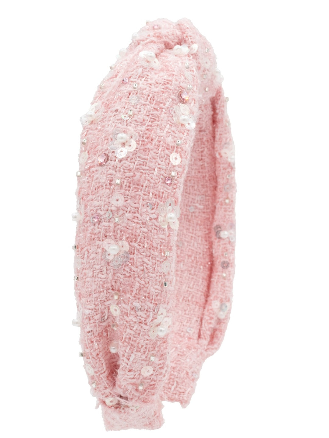 Sequin and Pearl Flower Tweed Knot Headband in Pink