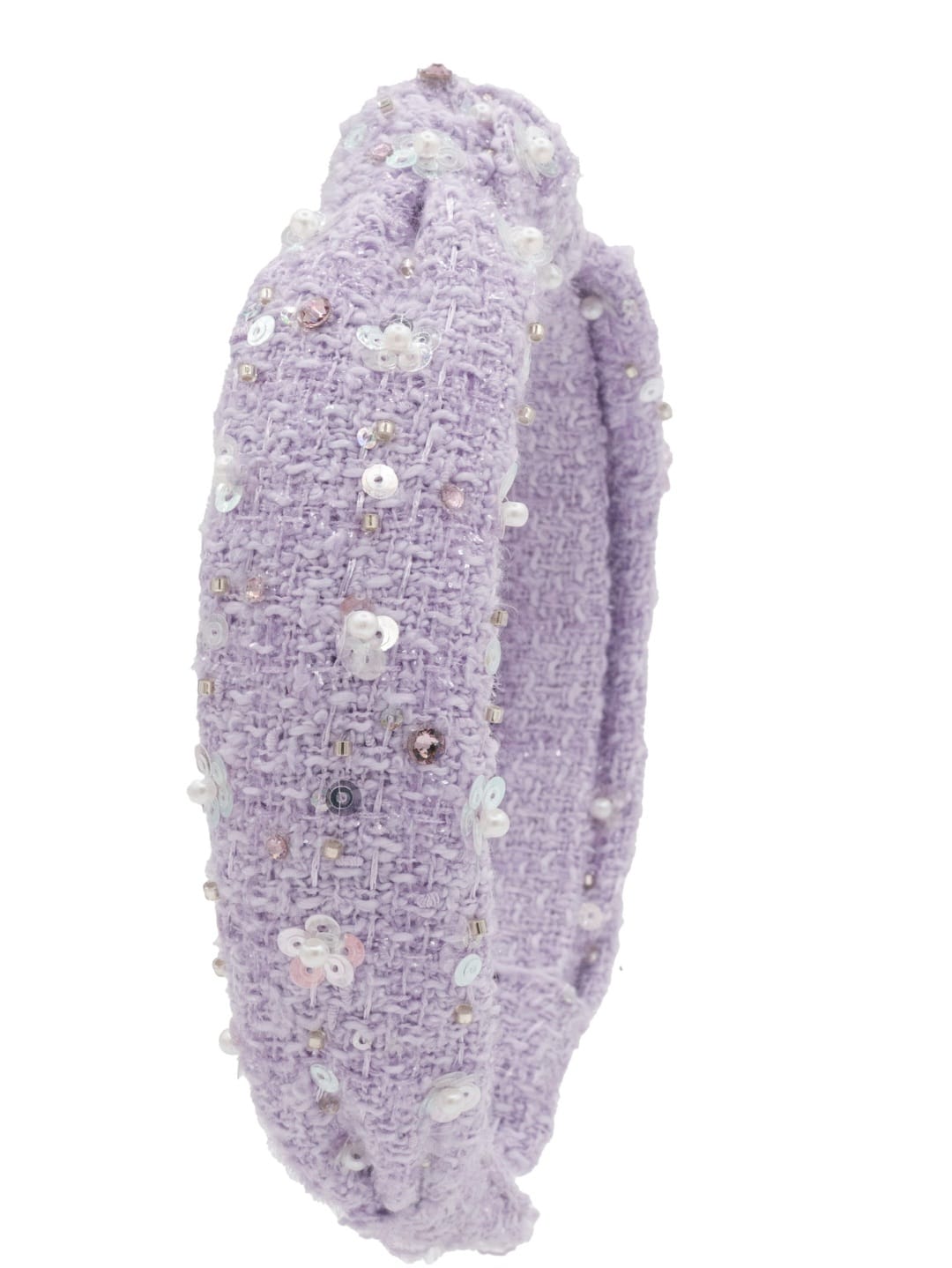 Sequin and Pearl Flower Tweed Knot Headband in Lavender