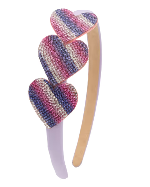 3 Small Multi Color Crystallized Hearts on Thin Satin Lavender Headband