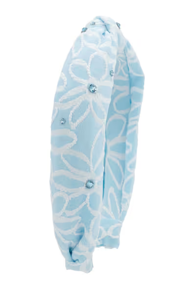 Crystallized Cotton Flower Print Knot Headband in Blue