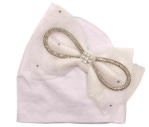WHITE CRYSTAL TULLE BOW BABY HAT