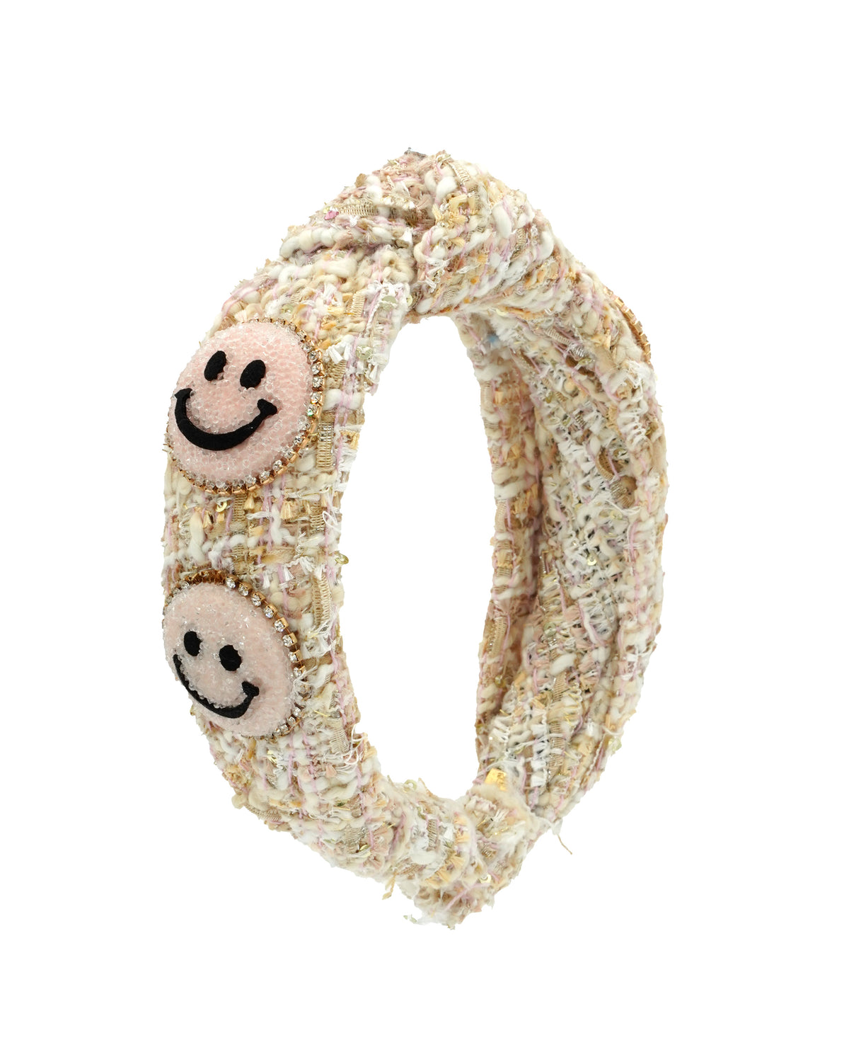 Tweed Smiley Face Knot Headband in Gold