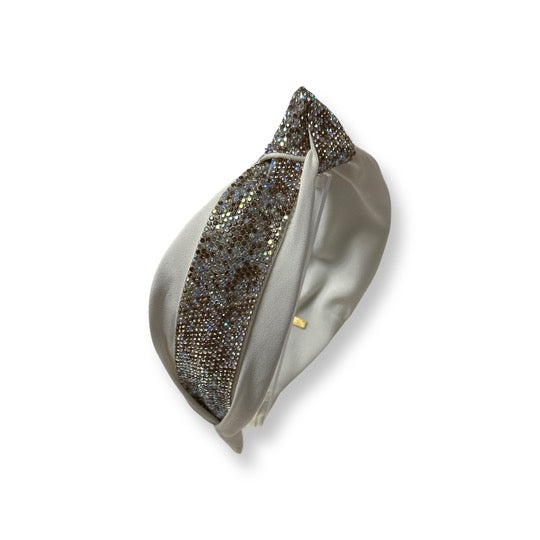 Half Crystal Satin Knot Headband in Silver