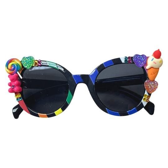Striped Sunglasses With Stones and Charms in Black