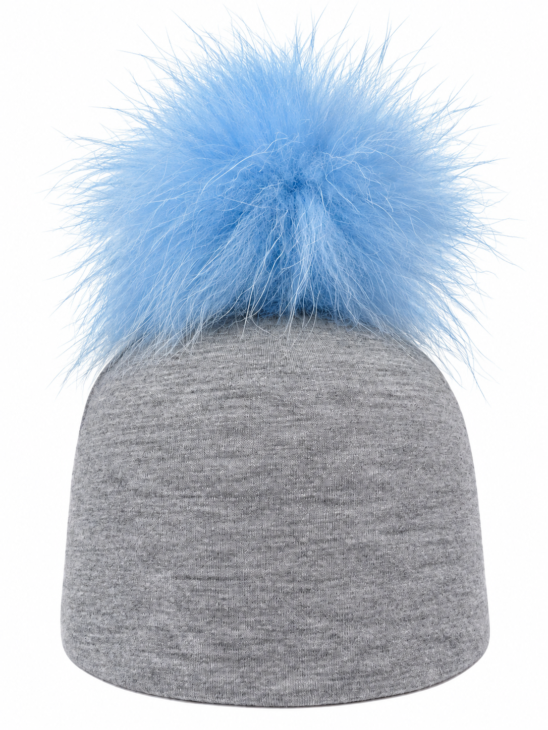 Heather Gray Cotton Baby Layette With Blue Fur Pom Pom