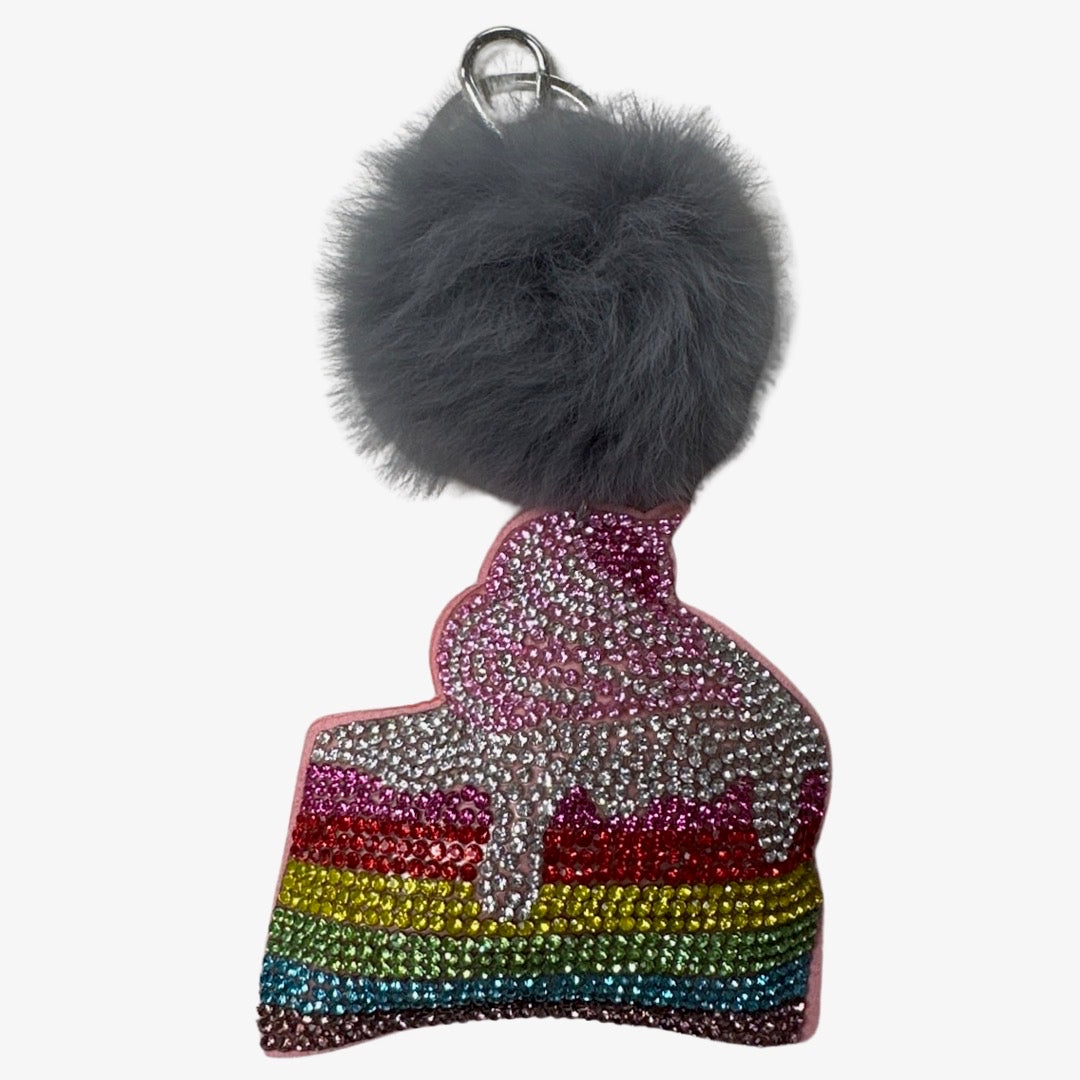 Rhinestone Keychain with Fur Pom