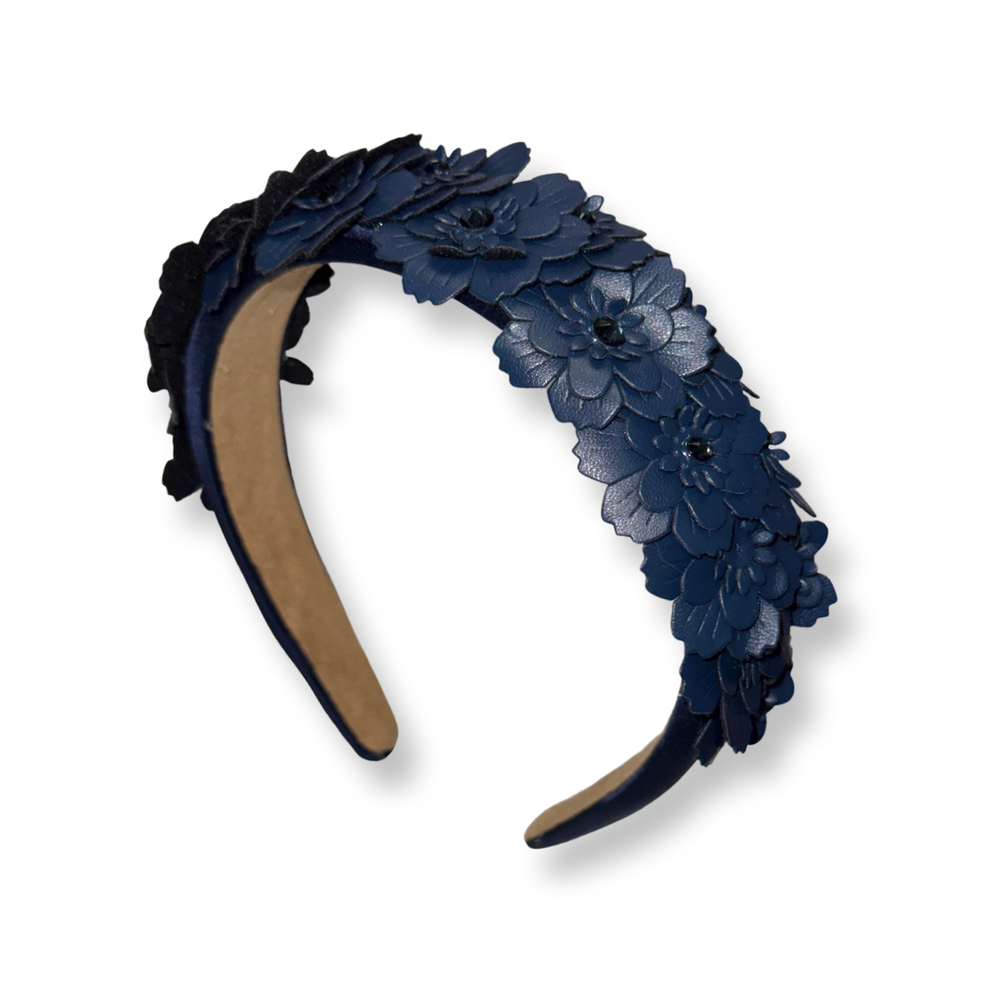 Leather Floral Headband in Navy