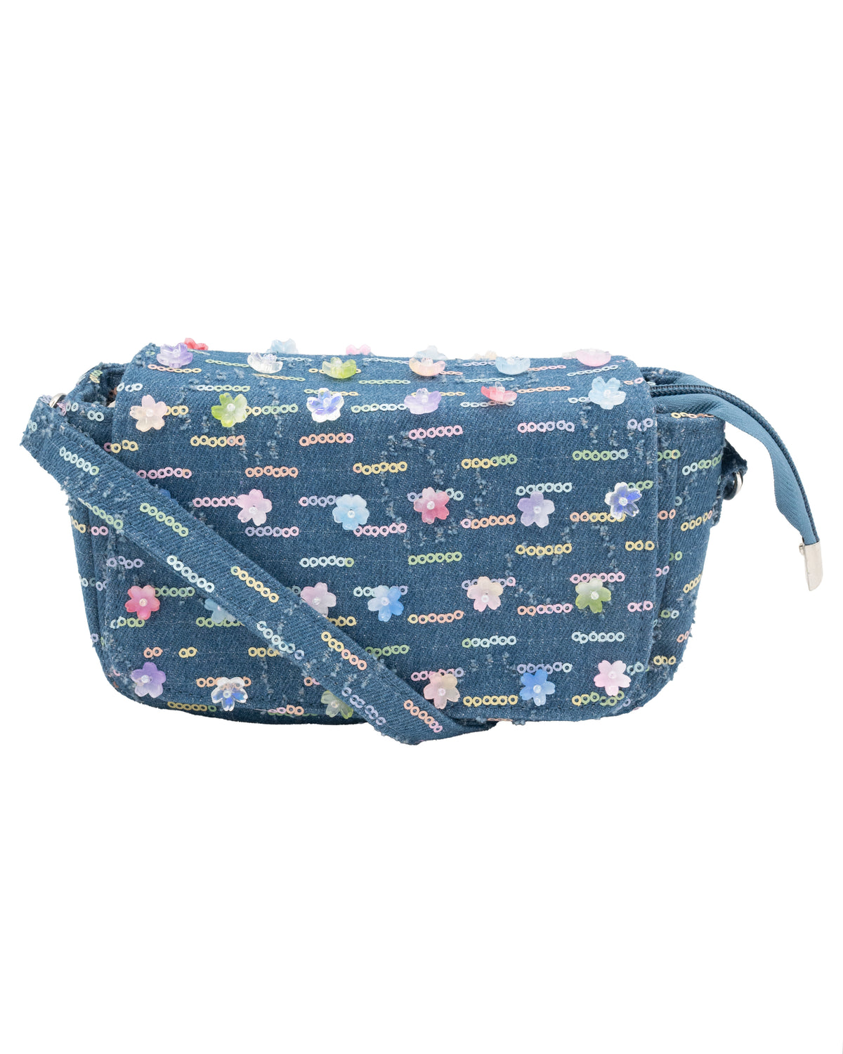 Denim Sequin Flower Handbag With Crossbody Strap