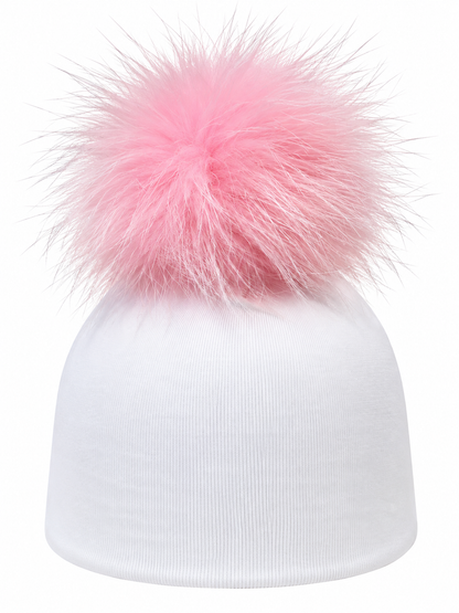 White Cotton Baby Layette With Fur Pom Pom