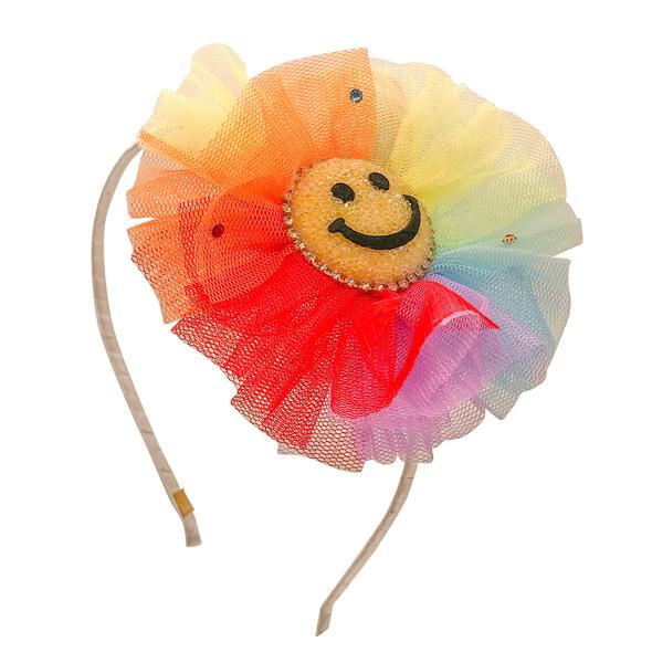 Glitter Smiley Face Tulle Flower Headband in Rainbow