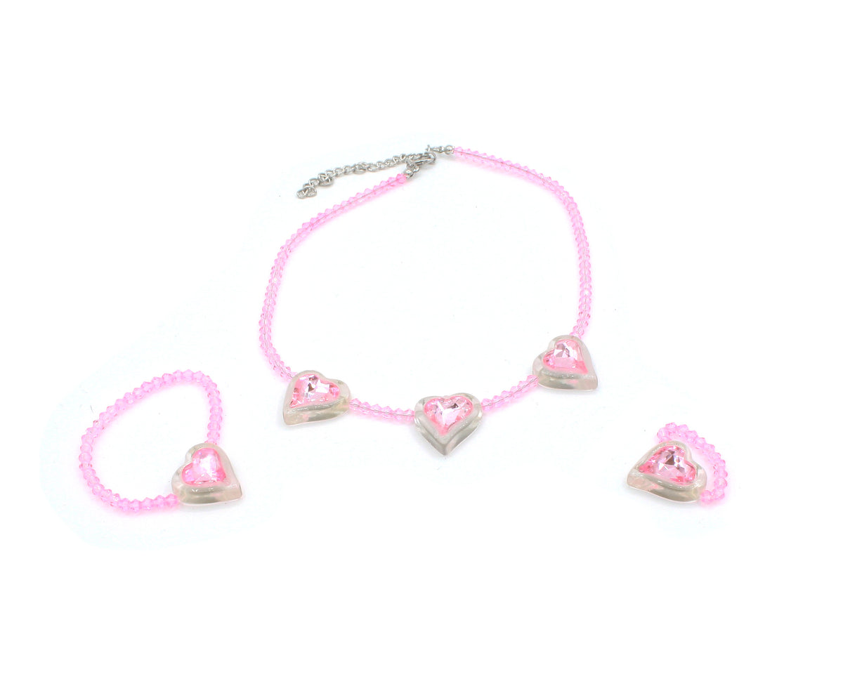 3-Piece Jeweled Heart Set Necklace Bracelet Ring in Pink