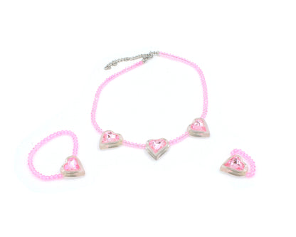 3-Piece Jeweled Heart Set Necklace Bracelet Ring in Pink