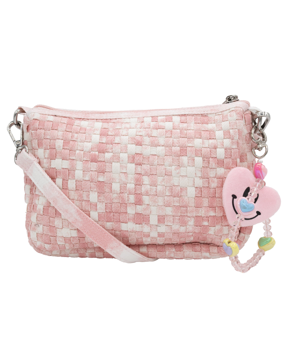 Denim Weave Bag With Crossbody Strap and Bag Charm in Pink