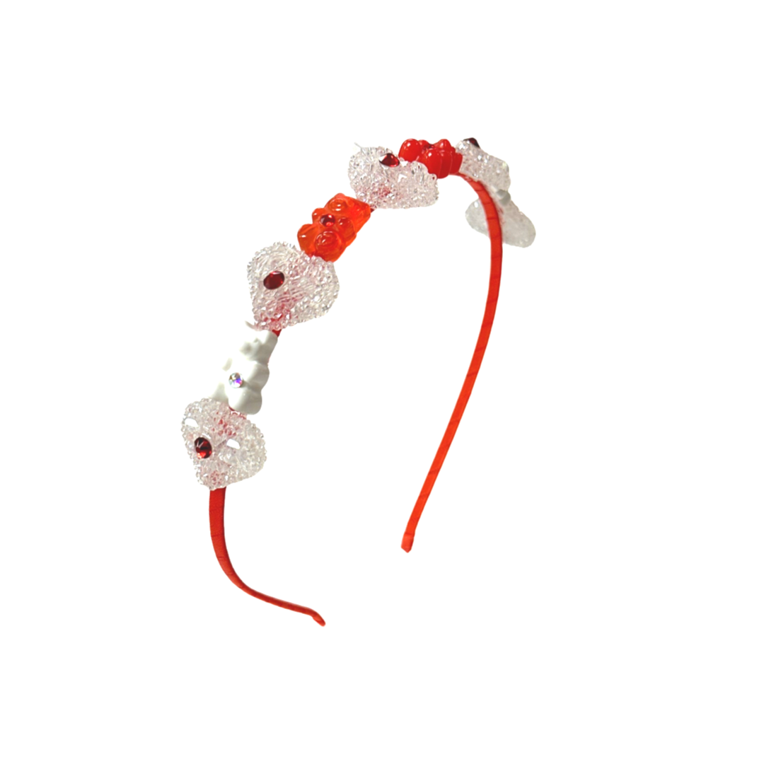 Beaded Heart and Gummy Bear Headband in Red