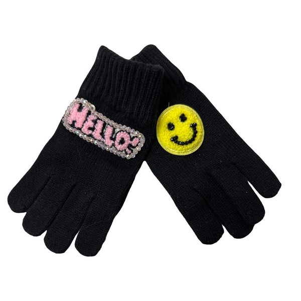 Smile Hello Patch Winter Gloves in Black