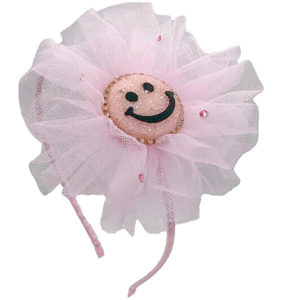 Glitter Smiley Face Tulle Flower Headband in Pink