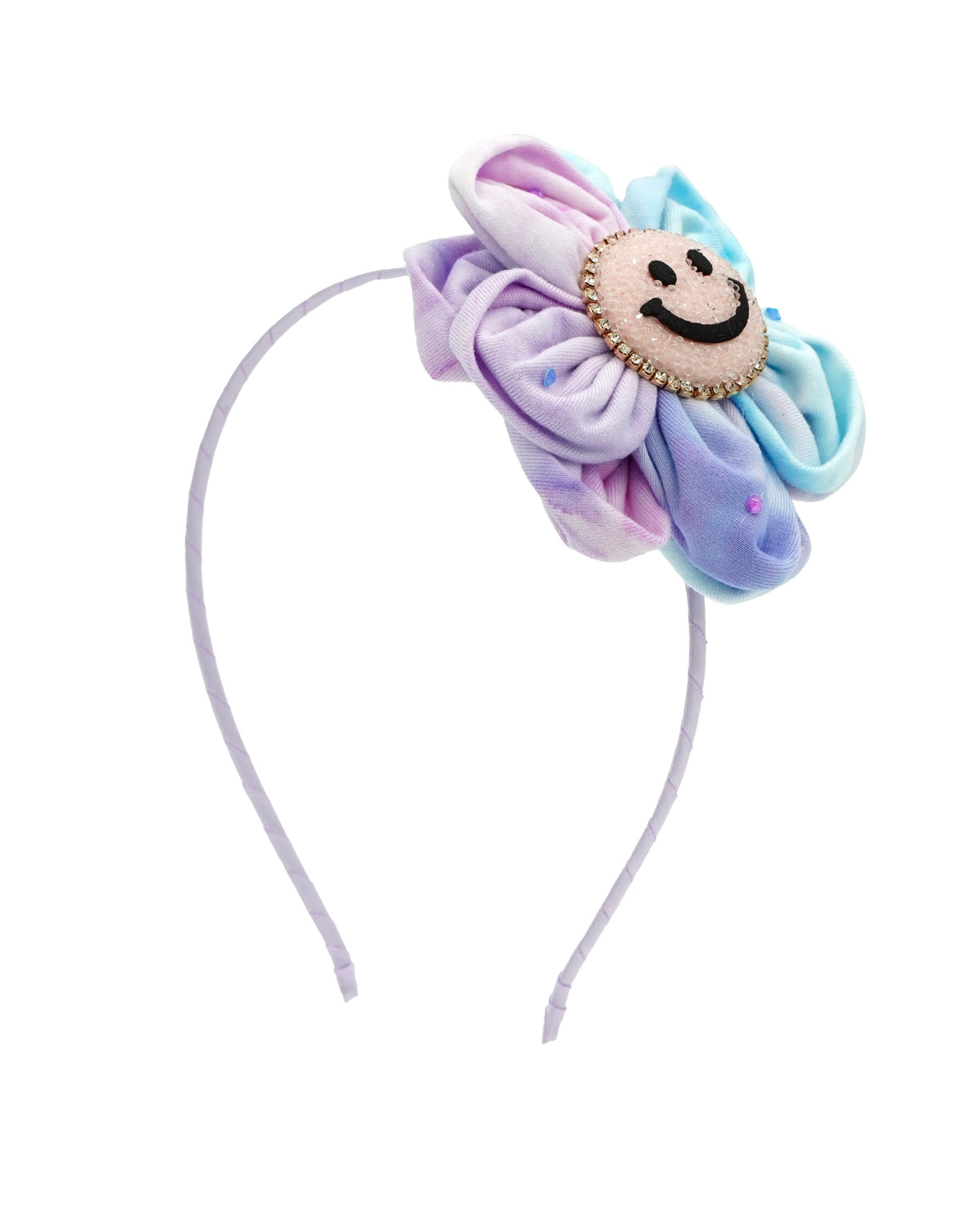Tie Dye Glitter Smiley Face Flower Headband in Lavender/Blue
