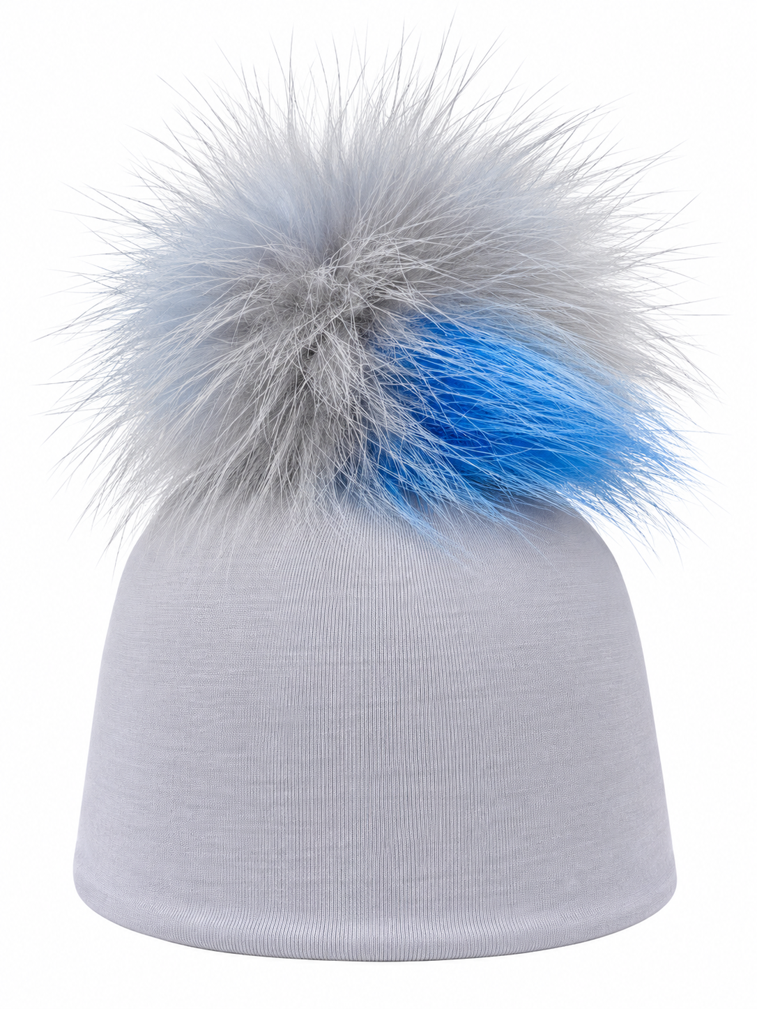 Gray Cotton Baby Layette With Blue/Gray Fur Pom Pom