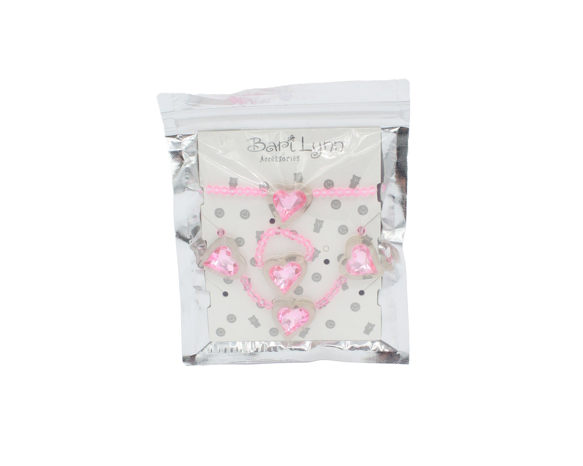 3-Piece Jeweled Heart Set Necklace Bracelet Ring in Pink