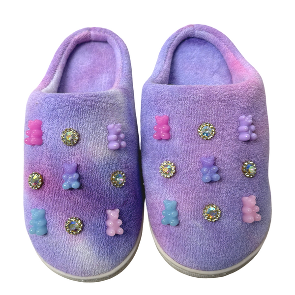 Purple tie dye gummy bear slippers
