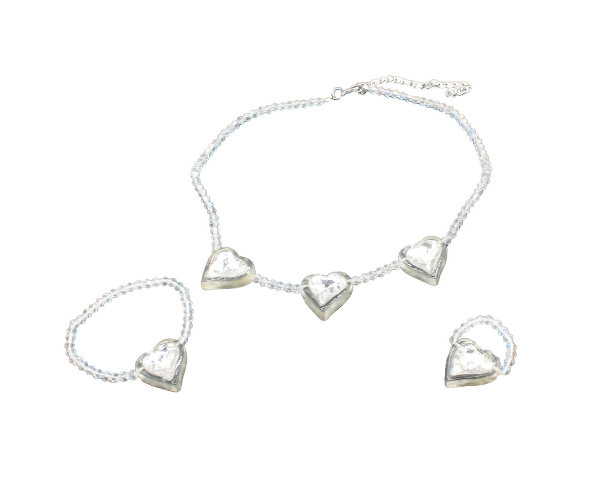 3-Piece Jeweled Heart Set Necklace Bracelet Ring in Clear