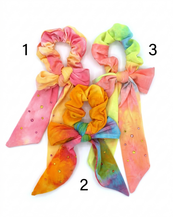 Cotton Long Tail Tie Dye Scrunchie with Swarovski Crystals