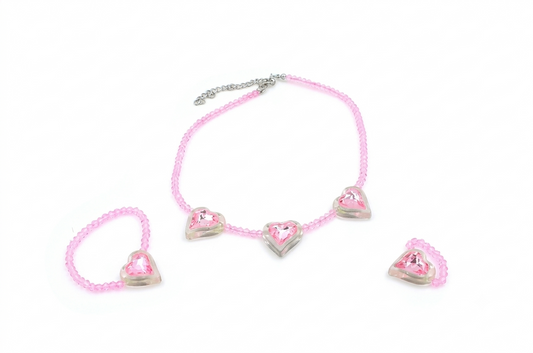 3 Piece Heart Set Necklace Bracelet Ring In Pink
