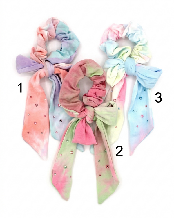 Cotton Long Tail Tie Dye Scrunchie with Swarovski Crystals