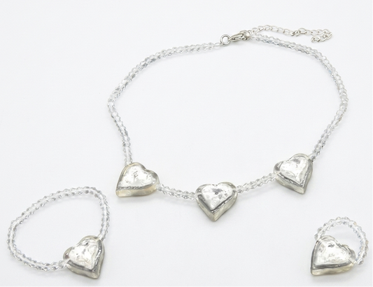 3 Piece Heart Set Necklace Bracelet Ring In Clear