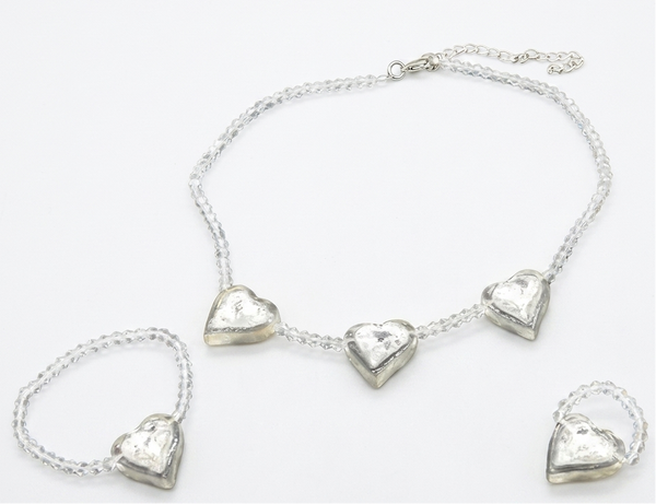 3 Piece Heart Set Necklace Bracelet Ring In Clear