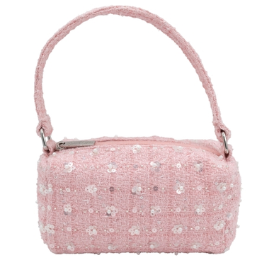 Tweed Sequin Flower Pearl Bag With Crossbody Strap in Pink