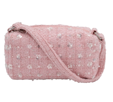 Tweed Sequin Flower Pearl Bag With Crossbody Strap in Pink
