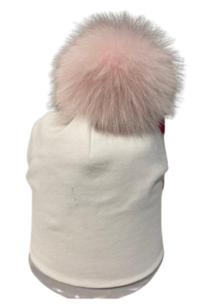Light Pink Fur Puff On White Baby Hat