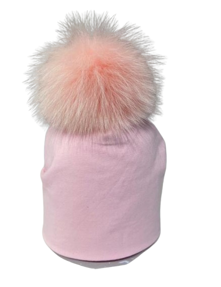 Light Pink Fur Puff On Light Pink Baby Hat