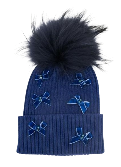 Small Velvet Bow On Ribbed Winter Hat