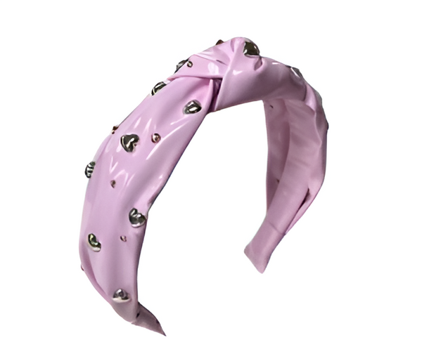 Rhinestones & Hearts Patent Leather Headband in Light Pink