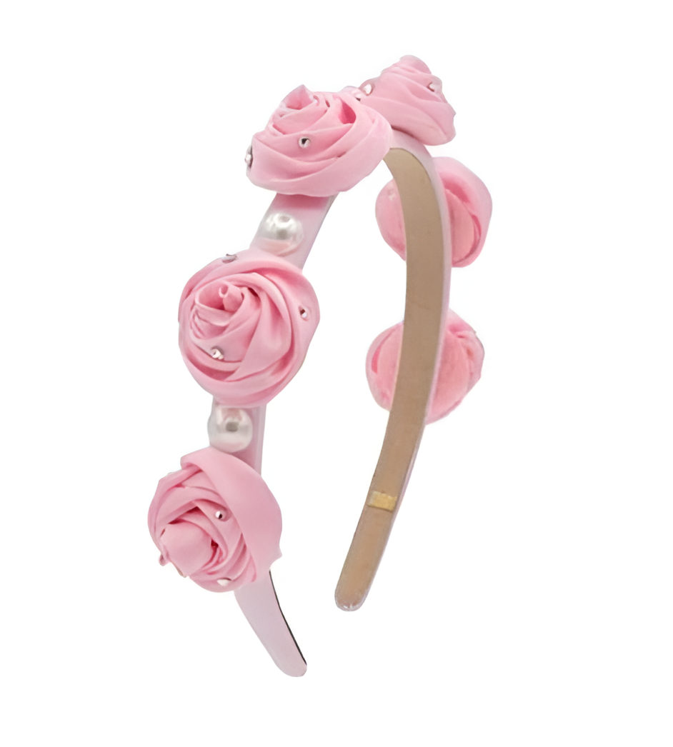 Satin Rose Pearl Headband in Pink
