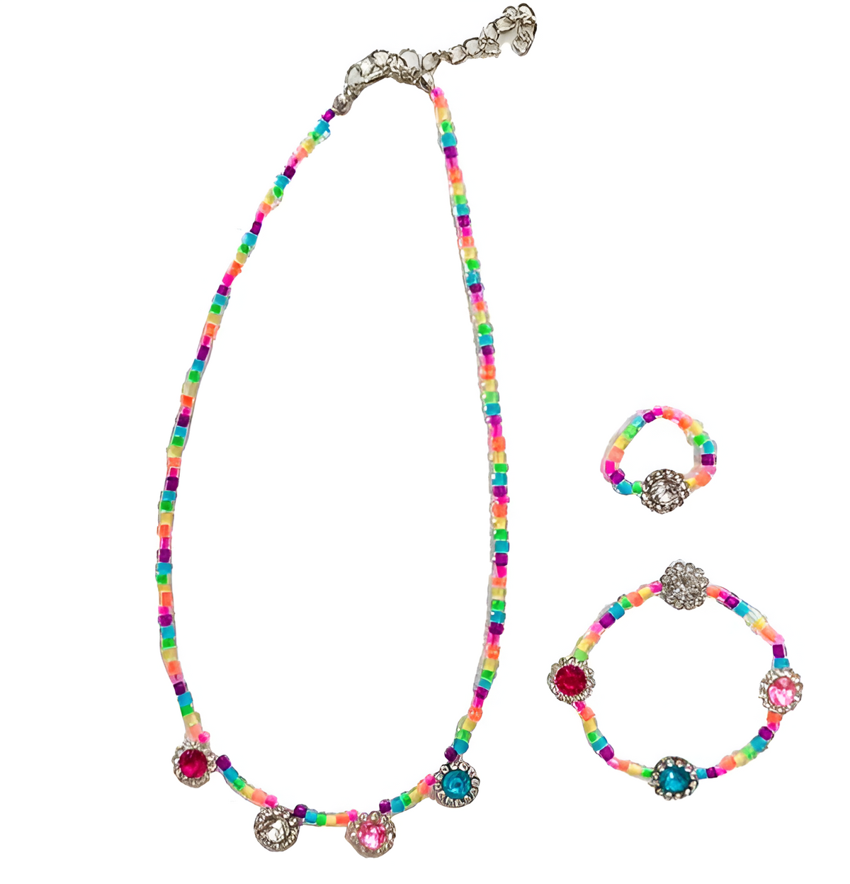 3-Piece Jeweled Jewelry Set Necklace Bracelet Ring in Neon